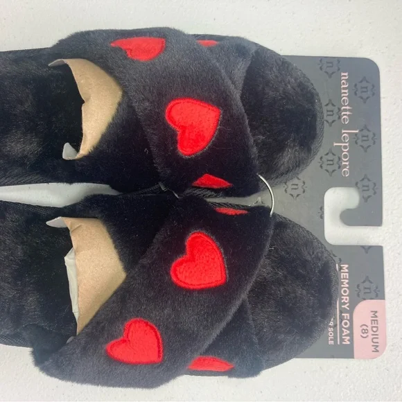 Nanette Lepore Black X band slipper with Red Heart Design pattern M 8 - Picture 14 of 14
